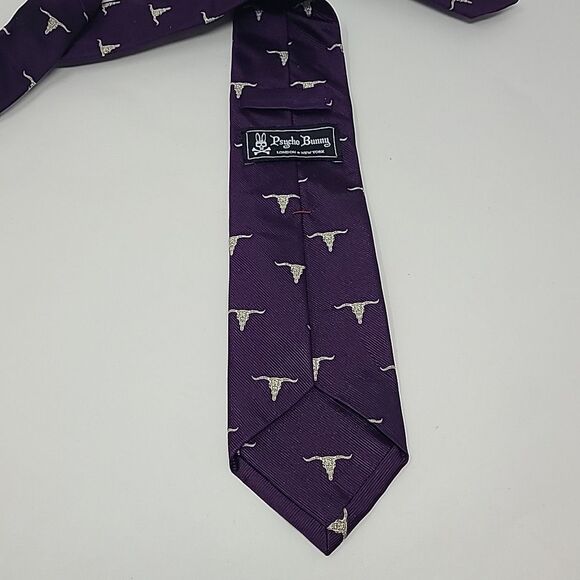 Psycho Bunny Purple Silk Tie Longhorn Steer Skull Print Vintage 100% Silk - Picture 3 of 6